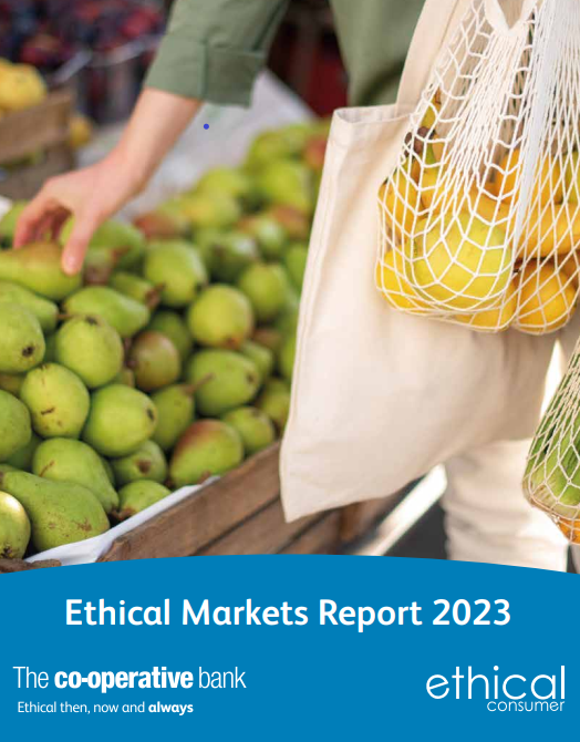 Cover of Ethical Markets Report 2023 of person buying loose fruit