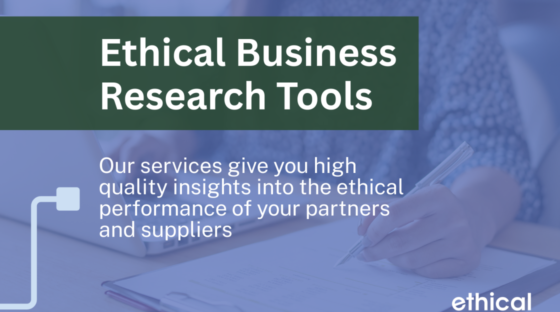 Faint background image of person sitting at laptop also using pen on paper, overlaid with text (Ethical Business Research Tools)
