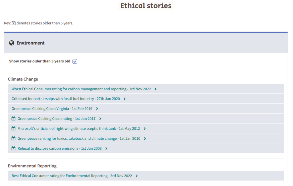 Screenshot of results page from Microsoft Corporation stories