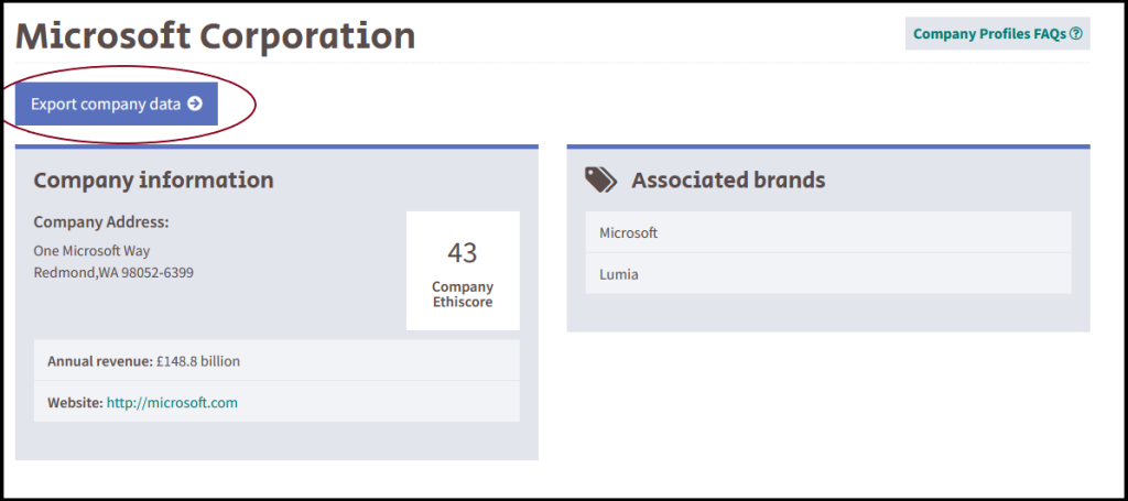 Screenshot of Microsoft company profile with export button highlighted