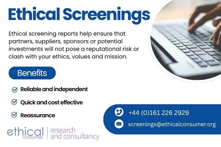 Infographic for ethical screenings reports by Ethical Consumer. Text on page.