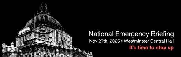 Black background and outline of building. Words National Emergency Briefing