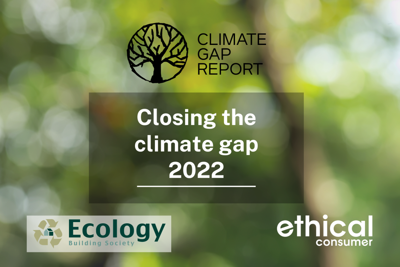 Hazy green background. Text Climate Gap Report 2022, Ecological Building Society, Ethical Consumer