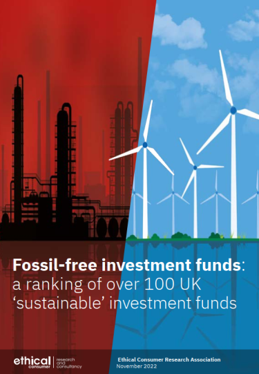 Cover image of report with oil refinery on half the page and wind turnbines on other half. Title 'fossil free investment funds: a ranking of over 100 uk 'sustainable' investment funds