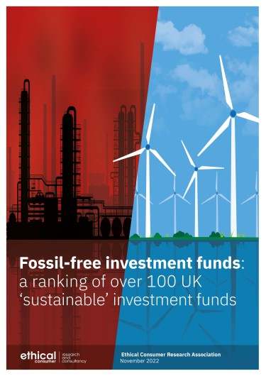 Cover image of report with oil refinery on half the page and wind turnbines on other half. Title 'fossil free investment funds: a ranking of over 100 uk 'sustainable' investment funds