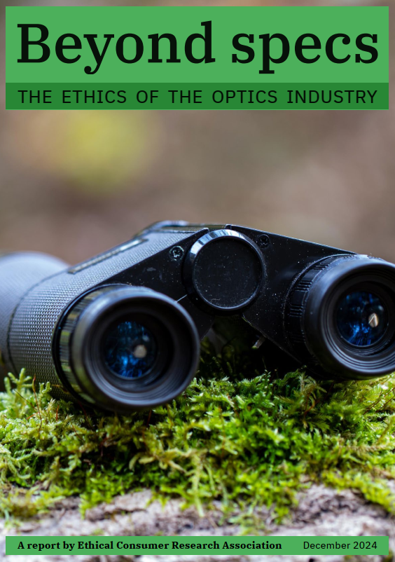 Cover image of Beyond Specs report - with a pair of binoculars resting on some moss and a stone