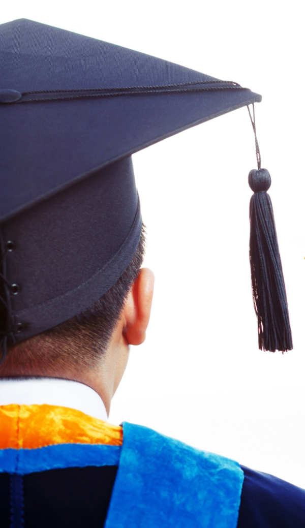 Back of student's head and shoulders, wearing a motar board cap (portait size)
