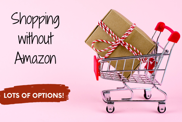 Miniature shopping trolley with parcel inside. Words 'Shopping without Amazon'